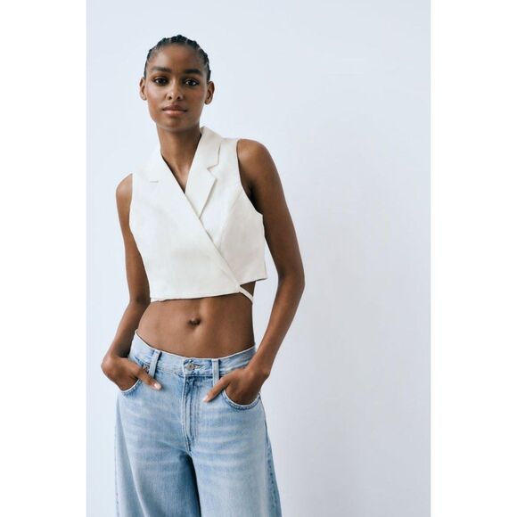 ZARA Wrap Style Cropped Vest Blouse White‎ XS - Picture 1 of 5